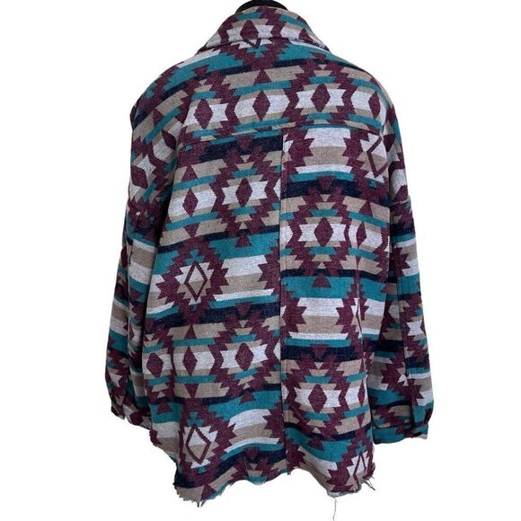 Aztec boho flannel schacket blue burgundy sweater jacket size med oversized - Picture 4 of 15